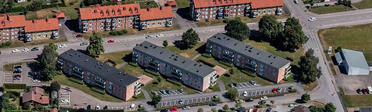 Drönarbild över kvarteret Skäran idag