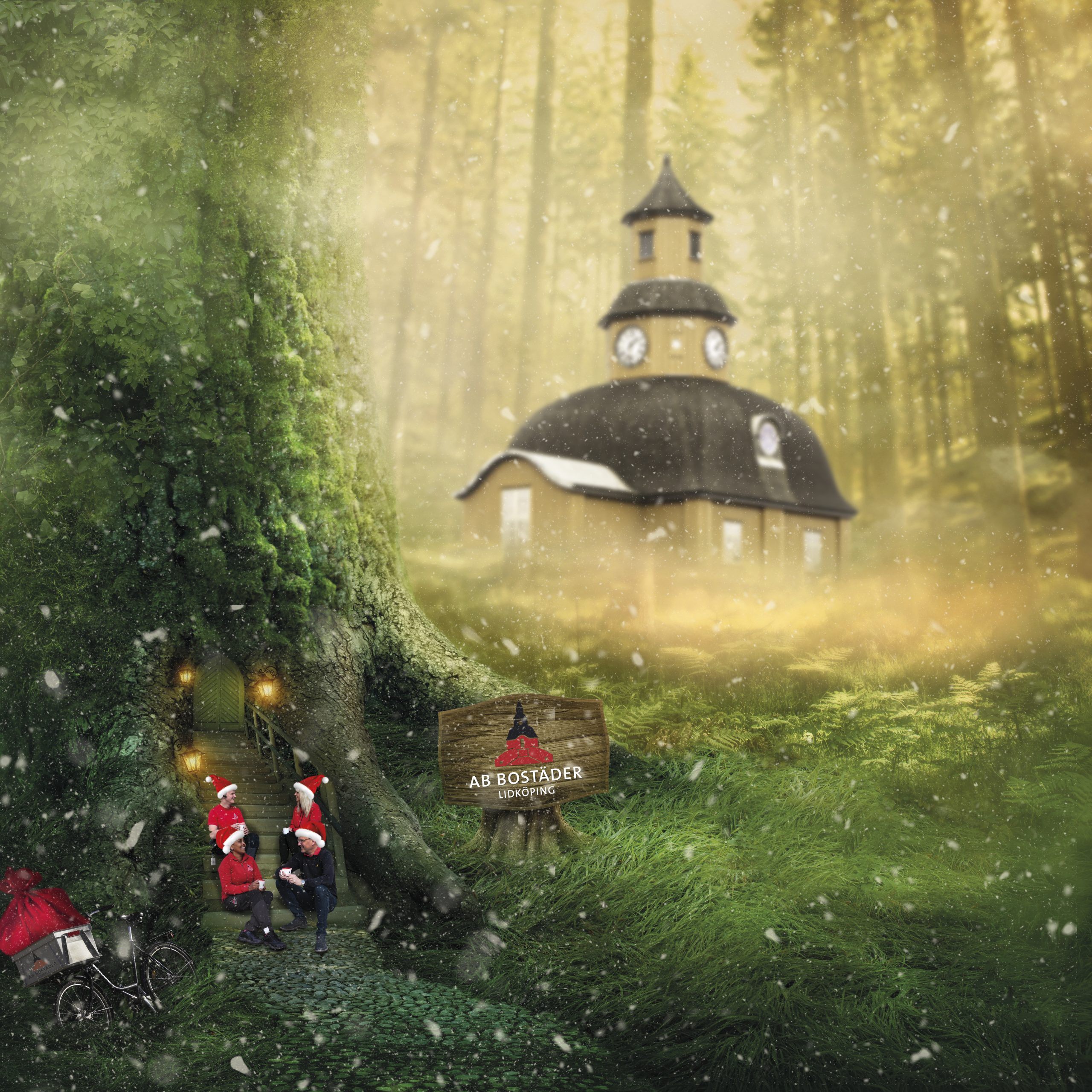 illustrerad bild på rådhuset och ab bostäderpersonal